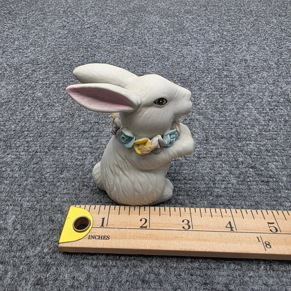 Vintage GOT Ceramic White Rabbit Figurine Flower Garland Collar‎ Easter Decor 4